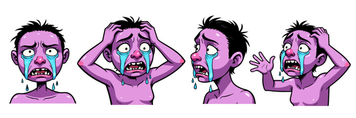 A cartoon vector illustration of a man with a purple body crying in panic, screaming with tears, fear, and stress expressions.