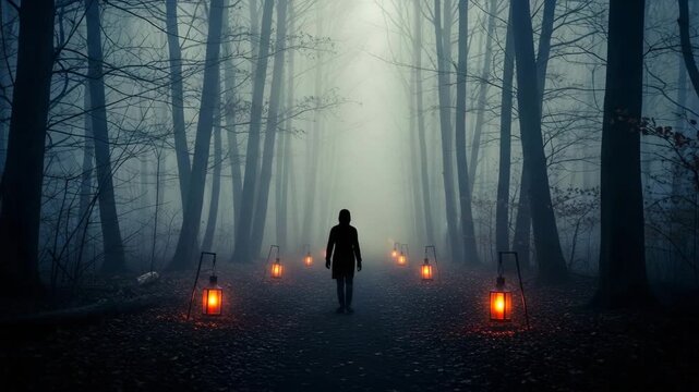 Eerie foggy forest path lined with glowing lanterns and lone figure walking into mysterious mist