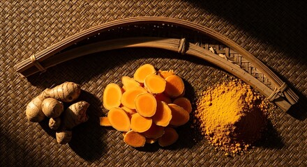 A vibrant display of turmeric (kunyit) in three forms: whole rhizomes, fresh slices, and bright yellow powder, on a woven bamboo mat.