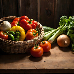 Organic vegetables in basket on wooden kitchen table under warm natural light creating rustic atmosphere and farm-to-table living concept