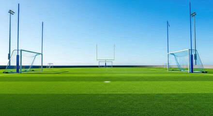 Empty sports field with both soccer and rugby goalposts under a clear blue sky, ideal for sports events and training sessions