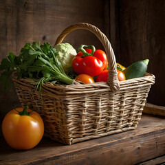 Rustic kitchen table with basket of fresh vegetables in warm daylight showing natural farm-to-table organic food and healthy lifestyle concept