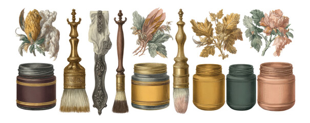 Vintage Paint Brushes and Jars on Transparent Background