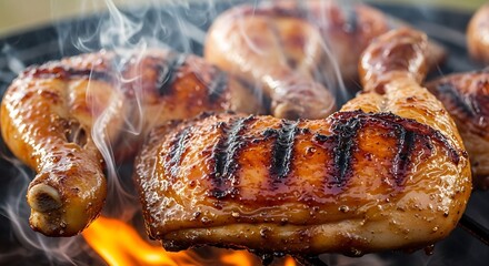 Juicy Grilled Chicken Drumsticks on Flaming Barbecue Grill