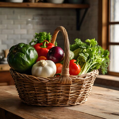 Fresh vegetables in woven basket on rustic kitchen table illuminated by natural warm light representing organic far