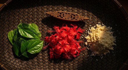 An arrangement of betel leaves, hibiscus flowers, and grated coconut on a traditional woven tray, often used in Indonesian traditional rituals or Jamu.