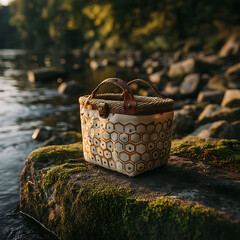 Honeycomb Patterned Basket by Water at Sunset in Natural Setting