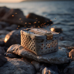 Textured Storage Basket Surrounded by Insects on Rocky Shoreline