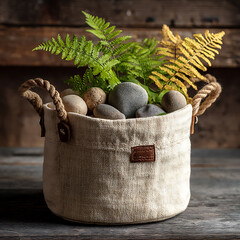 Decorative Basket with Stones and Ferns on Rustic Wooden Background