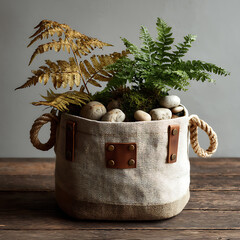 Natural Decor with Ferns and Stones in Woven Basket Planter