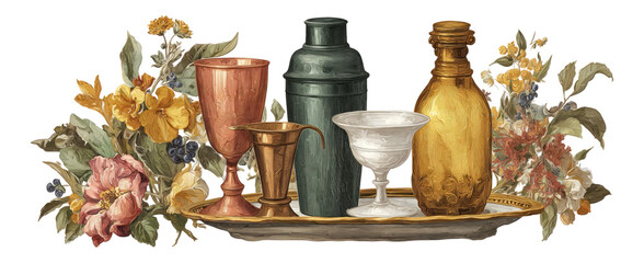 Vintage Barware and Floral Arrangement Illustration