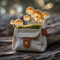 Charming Miniature Bag with Glowing Mushrooms and Green Moss Decor