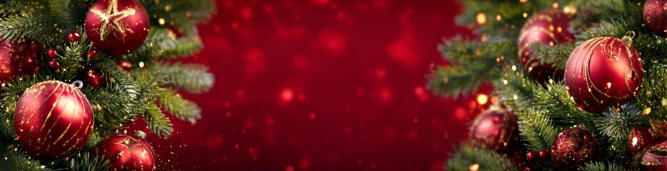 Christmas Red Ornament on Tree Branches, Festive Background.