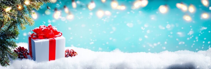 Christmas Gift with Red Ribbon on Snow with Tree Branch