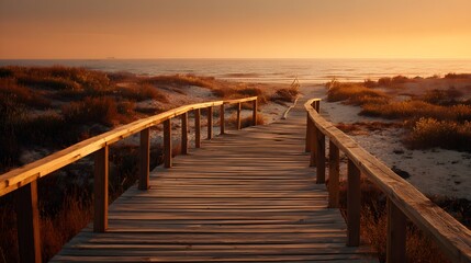 Obraz premium Wooden boardwalk leads to ocean at sunset with soft orange sky.