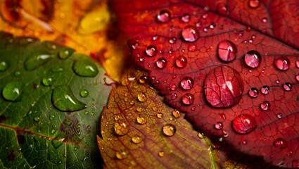 Fototapeta premium Macro Raindrops on Vibrant Fall Leaves: Close-Up of Wet Autumn Foliage Texture