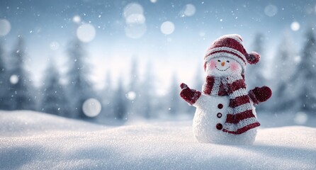Happy Snowman in Winter Wonderland with Falling Snow.