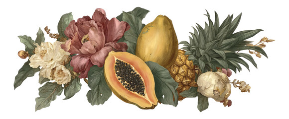 Colorful Floral Arrangement with Tropical Fruits