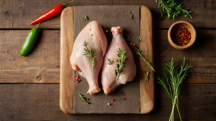 Raw chicken pieces arranged with herbs and colorful spices on rustic wood illuminated by natural daylight showing farm-to-table organic style