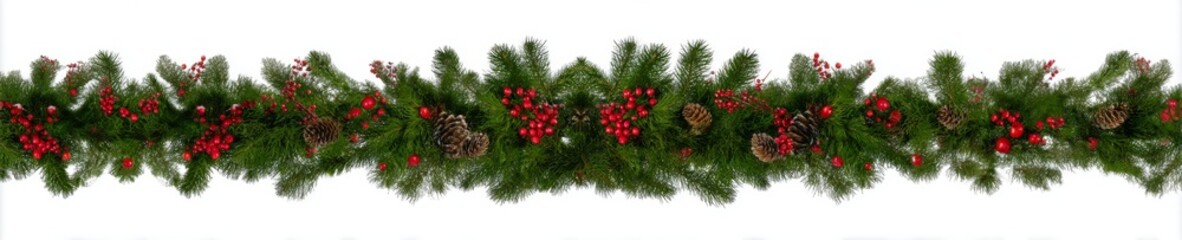 Christmas Garland with Pine Cones and Berries Isolated on White.