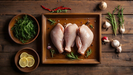 Rustic table with raw chicken pieces seasoned with spices and herbs under natural daylight creating earthy