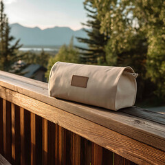 Stylish Travel Bag on Wooden Rail with Scenic Mountain Background