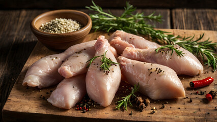 Raw chicken pieces with herbs and spices on rustic wooden table under natural daylight
