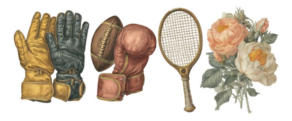 Vintage Sports Equipment and Floral Arrangement Art