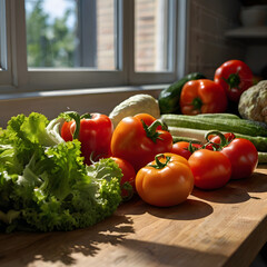 Kitchen table with fresh vegetables unpacked from grocery bag showing authentic daily lifestyle and clean natural organic home environment