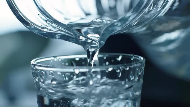 A close-up shot of water being poured from a glass pitcher into a glass, creating refreshing imagery
