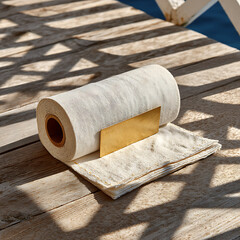 Elegant Table Setting with Paper Roll and Golden Holder on Wood