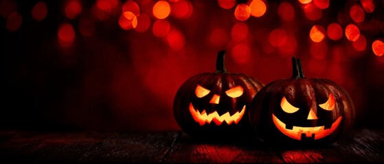 Halloween Jack-o'-Lanterns Glowing on a Wooden Surface.