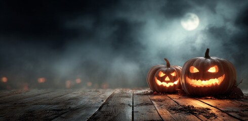 Spooky Halloween Pumpkins on a Wooden Surface Under Moonlight.