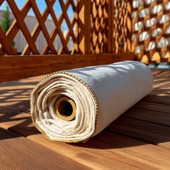 Rolled Fabric on Wooden Surface with Natural Light and Shadow Play