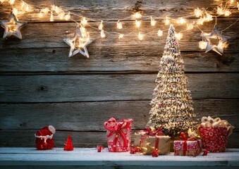 Christmas Tree and Gifts on Snowy Surface with Rustic Wood Background