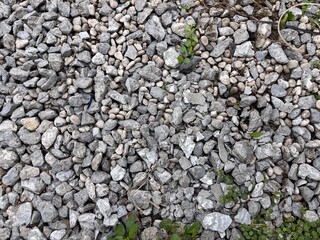 Full frame overhead shot of construction aggregate with small, irregularly shaped gray rocks and pebbles. A gritty, raw texture background for building, nature, or abstract concepts.