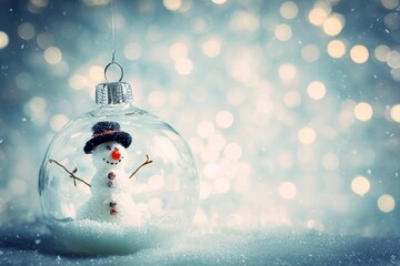 Snowman Ornament with Bokeh Lights Background.
