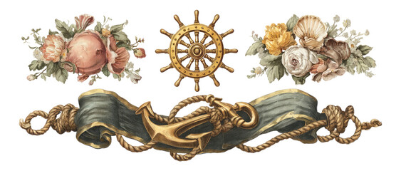 Vintage Nautical Elements with Anchor and Flowers