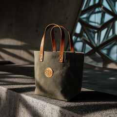 Stylish Olive Green Tote Bag with Leather Handles and Emblem Design