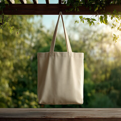 Simple Tote Bag Hanging on a Wooden Fence in Nature's Background