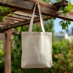 Simple Beige Tote Bag Hanging Outdoors in Bright Natural Setting