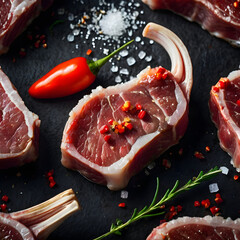 Close-up of raw lamb chops on rustic wooden surface with salt and chili flakes in dark moody tone emphasizing meat texture and color