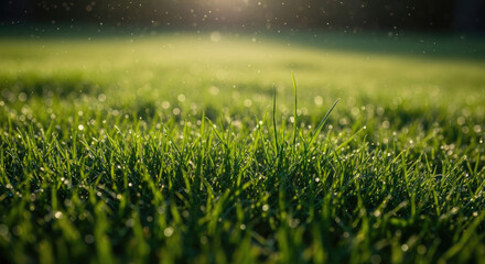 Fresh green grass with morning dew drops sparkling in sunlight, close-up nature background perfect for outdoor and gardening themes