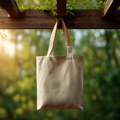 Simple Canvas Tote Bag Hanging on Wooden Pergola in Nature