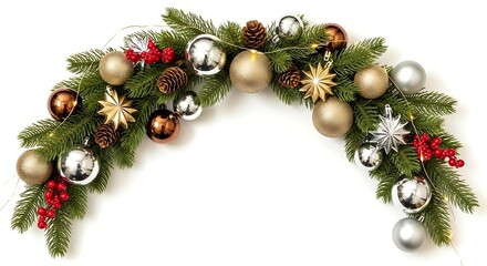 A festive Christmas garland adorned with ornaments, pinecones, and red berries, perfect for holiday decoration.