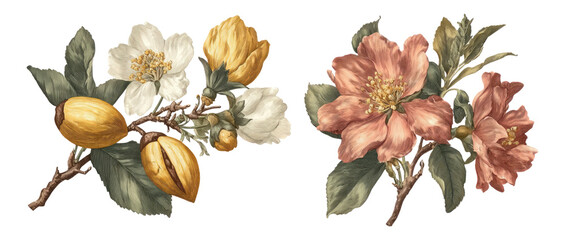 Vintage Floral Illustration with Isolated Flowers