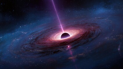 A cosmic visualization shows a black hole with an accretion disk emitting intense energy