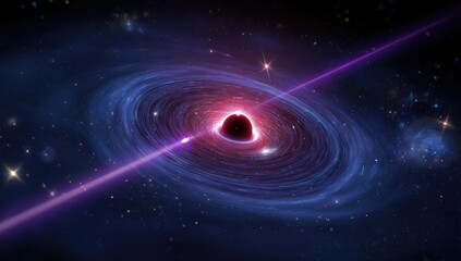 Cosmic illustration showcasing a black hole, surrounded by galactic swirls and energetic light beams