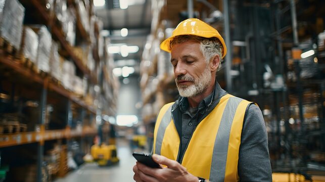 Warehouse worker uses smartphone amidst shelves of merchandise.