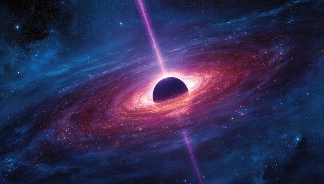 A cosmic vista A black hole consumes matter amidst swirling nebulae and brilliant particle beams